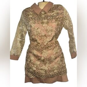 Brown Floral Lace Mini Dress with Contrast Collar